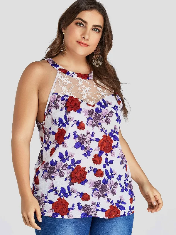 OEM ODM Halter Floral Print See Through Sleeveless Plus Size Tops