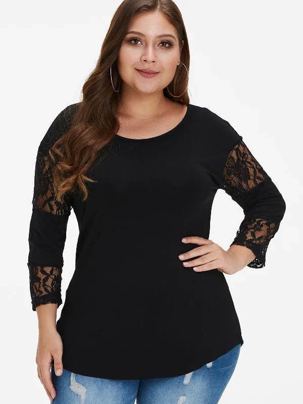 OEM ODM Round Neck Plain Lace See Through Long Sleeve Black Plus Size Tops