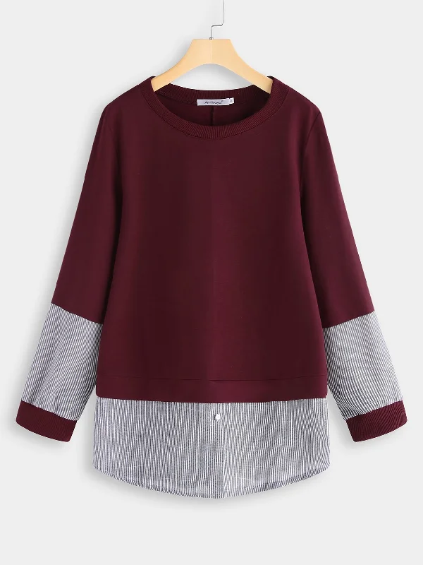 OEM ODM Round Neck Stripe Long Sleeve Burgundy Plus Size Tops