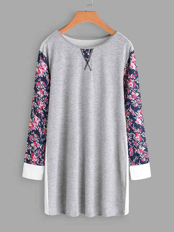 OEM ODM Round Neck Floral Print Calico Long Sleeve Plus Size Tops