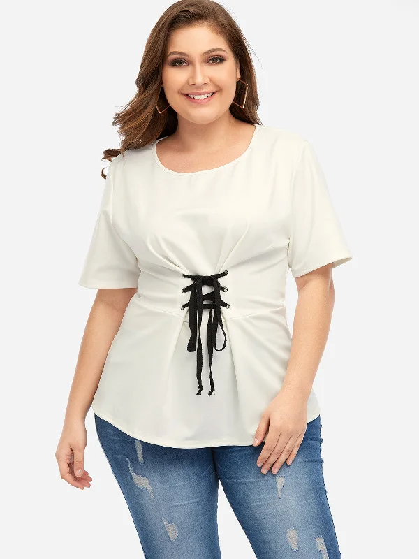 OEM ODM Round Neck Lace-Up Short Sleeve Flounced Hem White Plus Size Tops