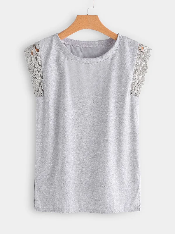 OEM ODM Round Neck Plain Lace Slit Sleeveless Grey Plus Size Tops