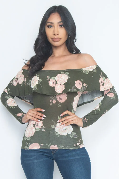 Long Sleeve Floral Print Top with Flounce (AY30803LP)