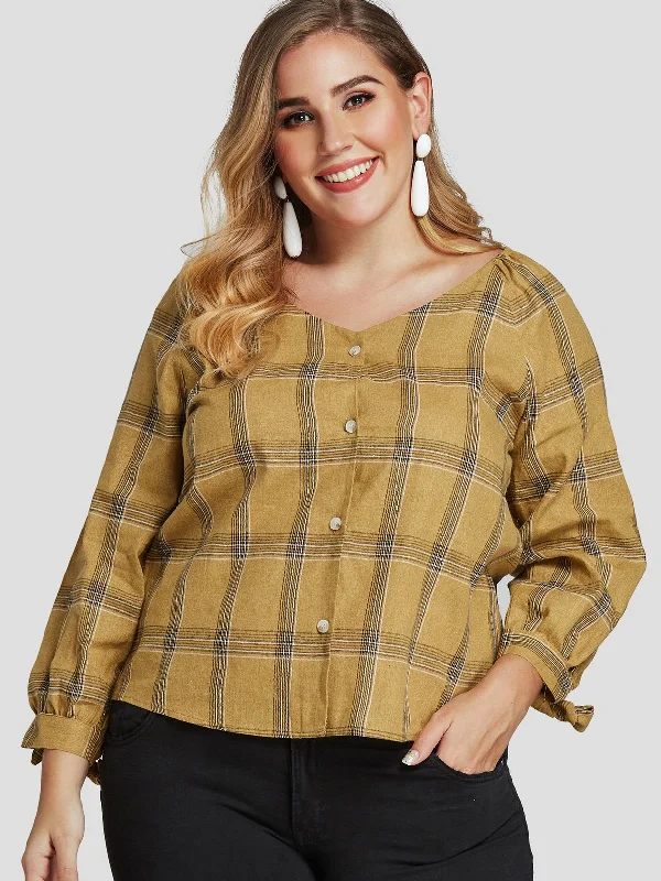 OEM ODM V-Neck Grid Long Sleeve Khaki Plus Size Tops