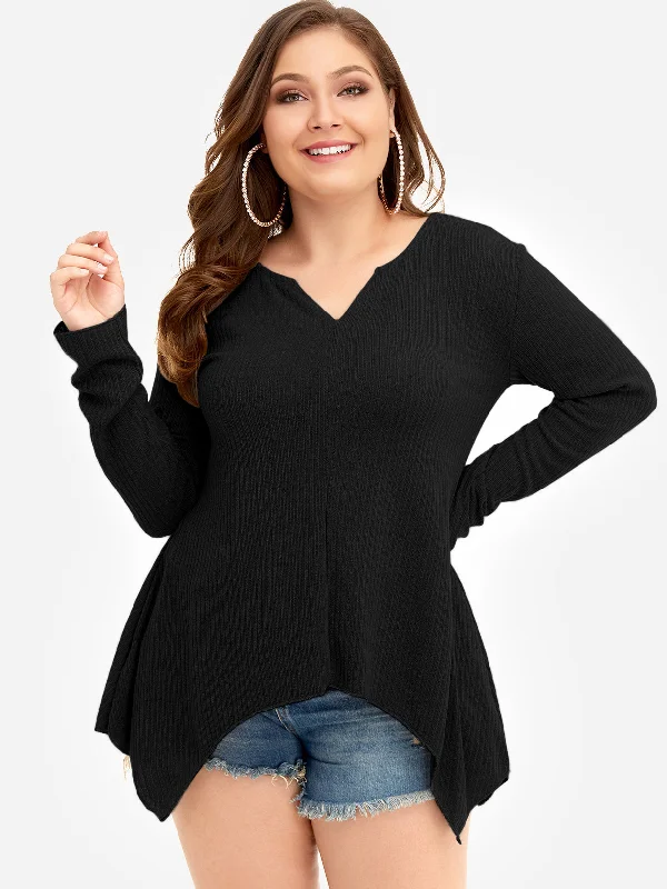 OEM ODM Plain Long Sleeve Handkerchief Hem Black Plus Size Tops