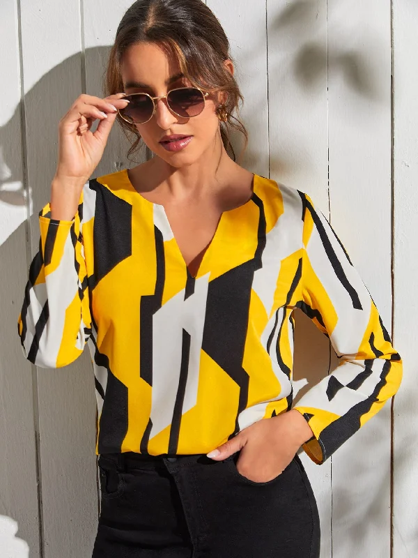 Elegant Geometric Long Sleeve Notched Regular Blouse