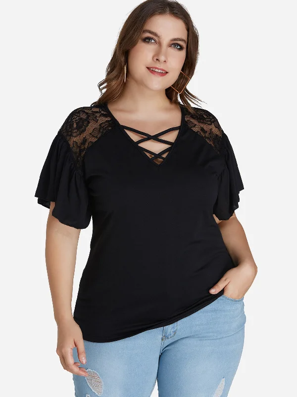 OEM ODM Round Neck Plain Short Sleeve Black Plus Size Tops