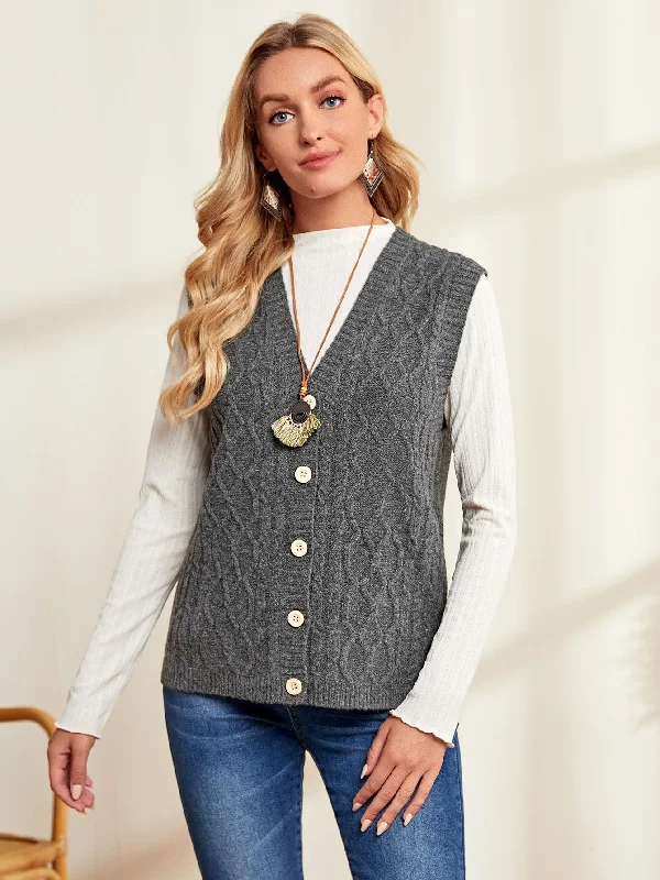 Casual Plain Button Front Sleeveless V Neck Regular Women Cardigan