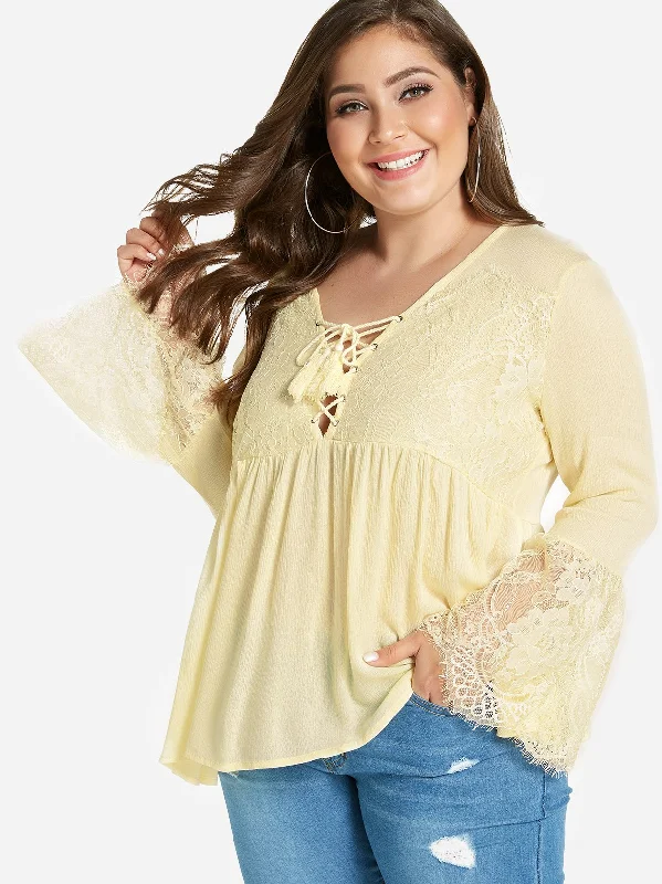 OEM ODM V-Neck Lace Long Sleeve Beige Plus Size Tops