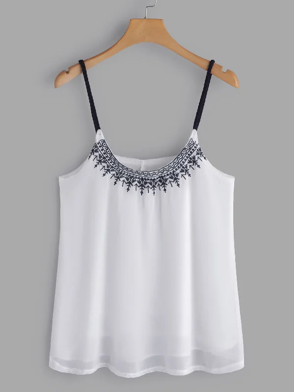 Custom Deep V Neck Embroidered Sleeveless White Camis