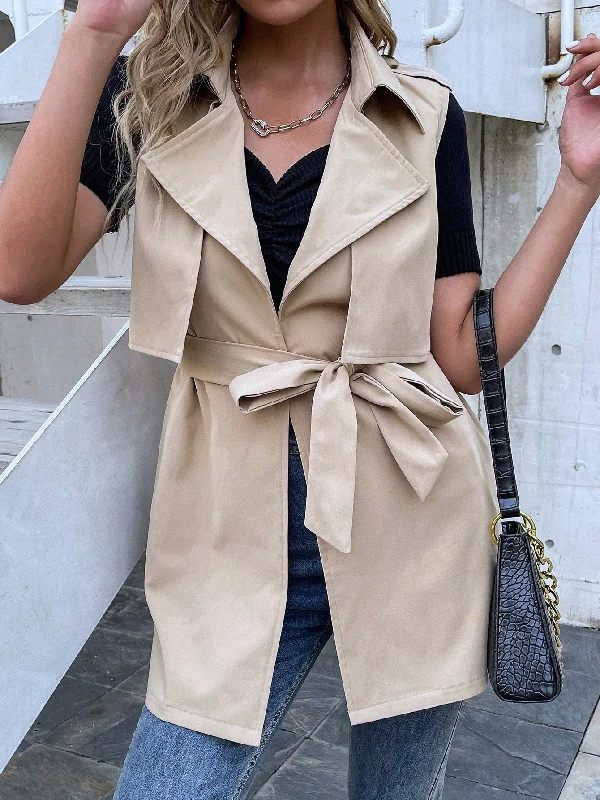 Casual Plain Belted Sleeveless Lapel Regular Women Trench Coat