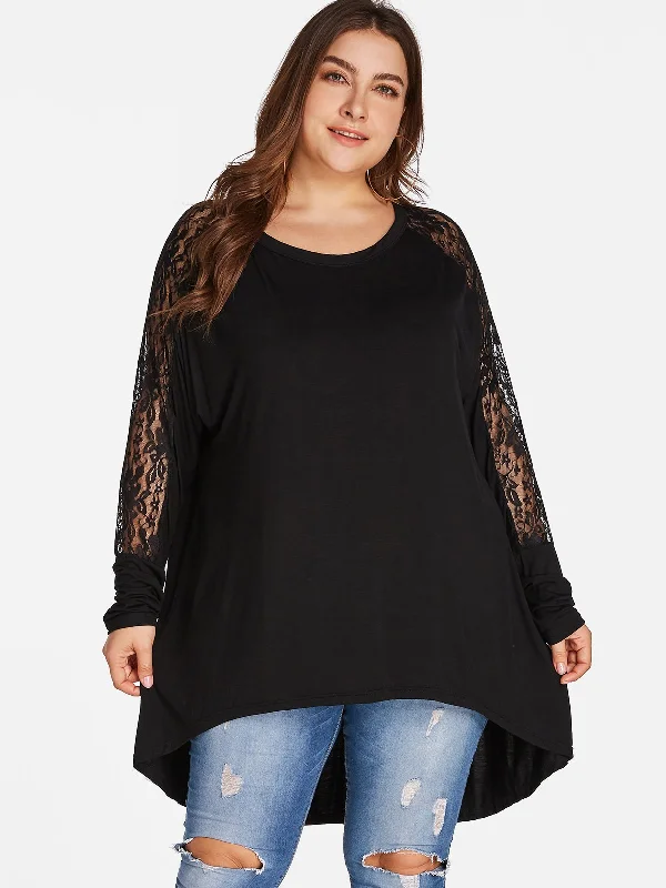 OEM ODM Round Neck Plain Lace Long Sleeve Black Plus Size Tops