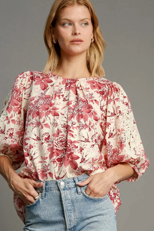 Umgee Floral Pleated Detail Lace Trim Sleeve Blouse