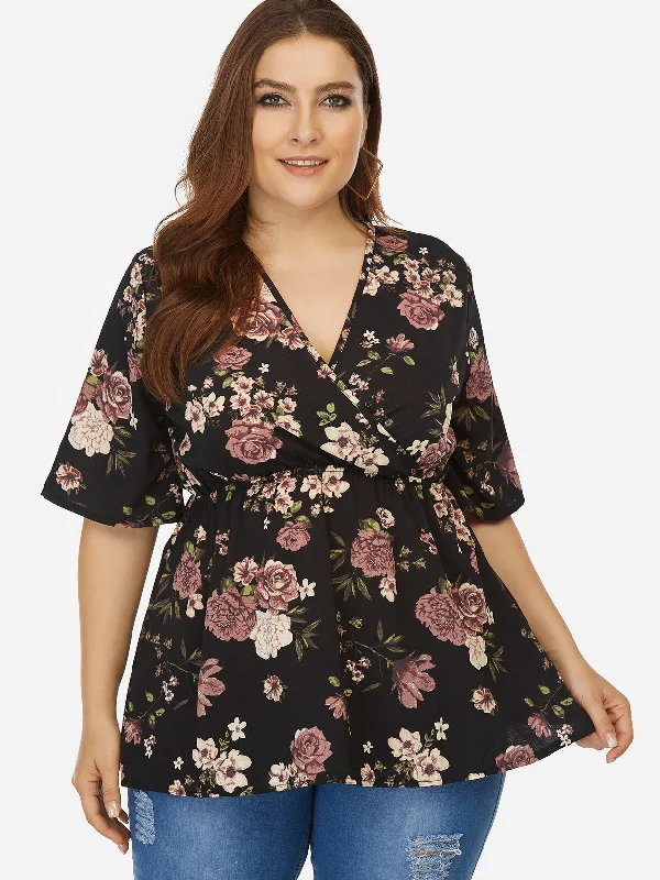 OEM ODM V-Neck Floral Print Half Sleeve Curved Hem Black Plus Size Tops