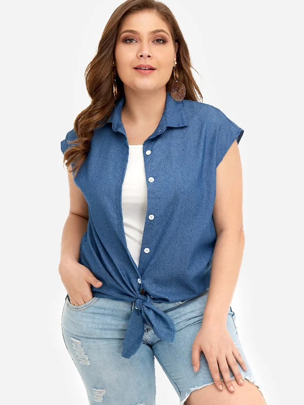 OEM ODM Classic Collar Plain Self-Tie Short Sleeve Blue Plus Size Tops