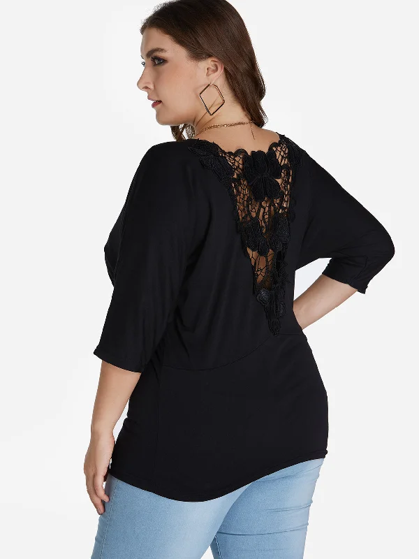 OEM ODM Round Neck Plain Lace 3/4 Sleeve Black Plus Size Tops