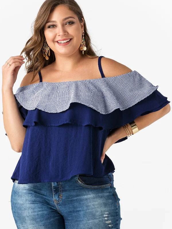 OEM ODM Off The Shoulder Plain Tiered Short Sleeve Flounced Hem Dark Blue Plus Size Tops