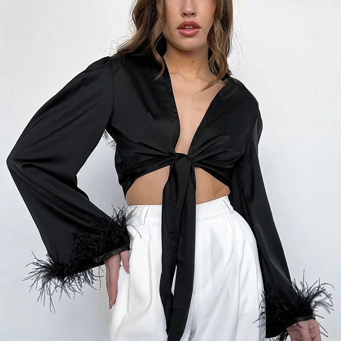 Feather Stitching Trumpet Sleeve Silk Satin Bandage Versatile Crop Tops Wholesale Women'S Tops