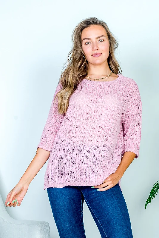 Boat Neck Crochet Knit Top with Patch Pocket and Elbow Length Sleeves (HT10307)