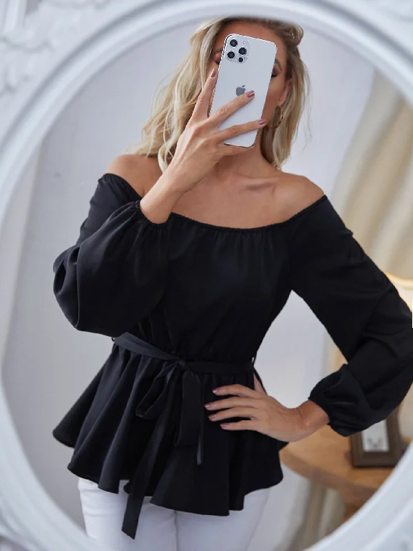 Elegant Plain Belted Long Sleeve Off The Shoulder Flared Regular Blouse