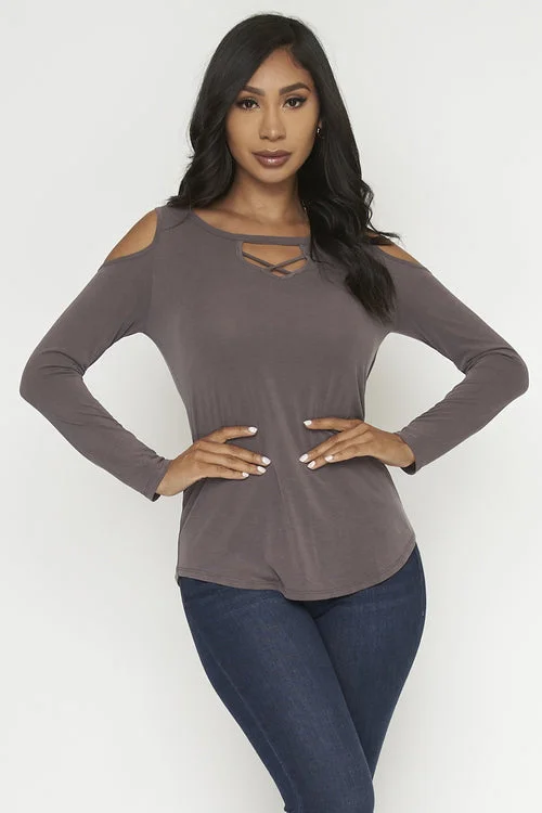 Long Sleeve Round Neck top Open Shoulders (M1177)