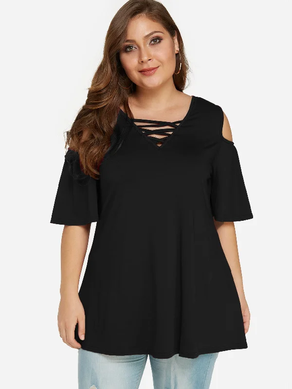 OEM ODM V-Neck Cold Shoulder Plain Hollow Short Sleeve Black Plus Size Tops