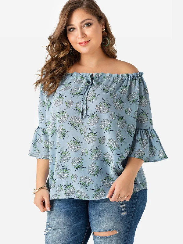 OEM ODM Off The Shoulder Floral Print Calico Lace-Up Half Sleeve Plus Size Tops