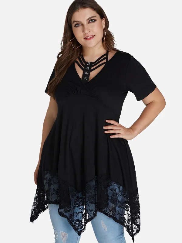 OEM ODM V-Neck Plain Lace Short Sleeve Handkerchief Hem Black Plus Size Tops