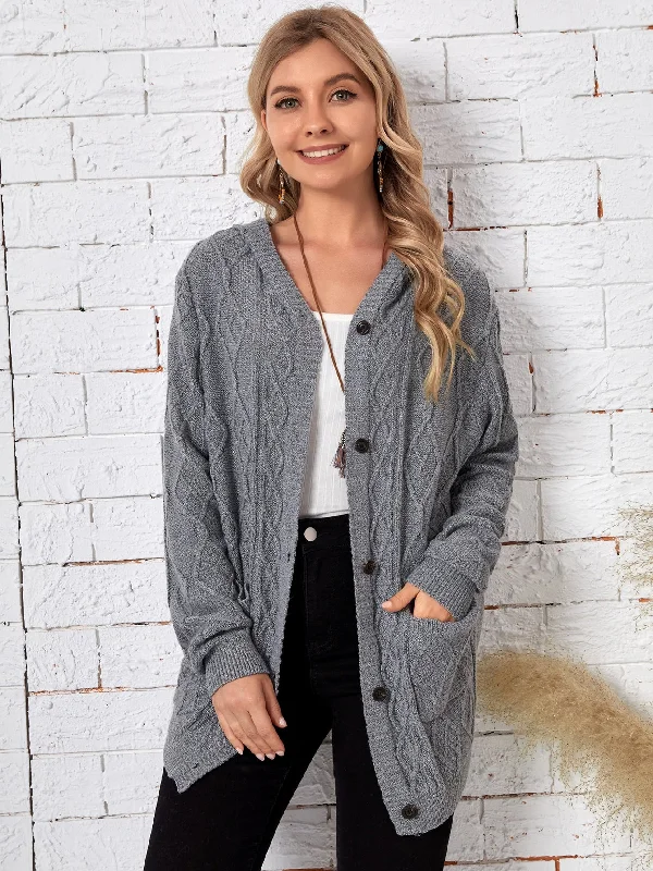 Casual Plain Pocket Long Sleeve Hooded Regular Women Cardigan