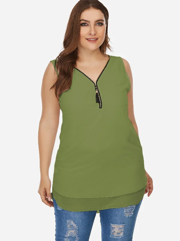 OEM ODM V-Neck Plain Criss-Cross Sleeveless Curved Hem Green Plus Size Tops