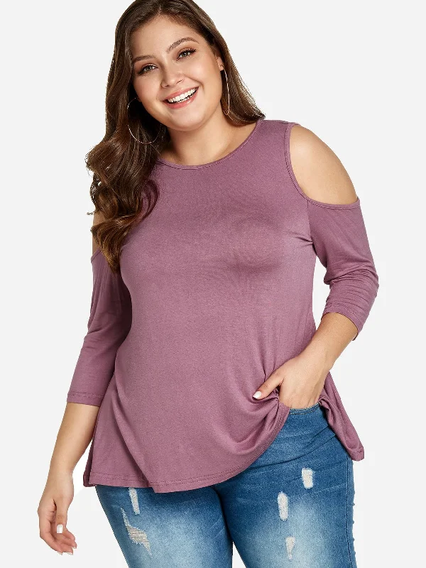 OEM ODM Round Neck Cold Shoulder Plain Cut Out 3/4 Sleeve Pink Plus Size Tops