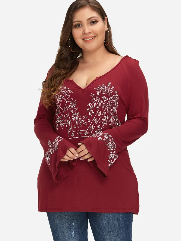 OEM ODM V-Neck Tribal Print Long Sleeve Red Plus Size Tops