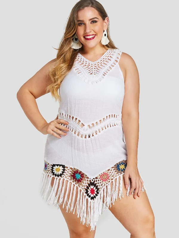 OEM ODM Tassel Crochet Lace Embellished Hollow Sleeveless White Plus Size Tops