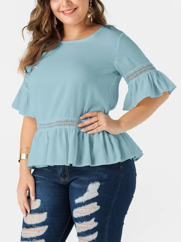 OEM ODM Round Neck Lace Cut Out Half Sleeve Flounced Hem Plus Size Tops