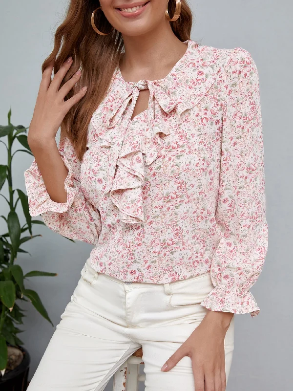 Elegant Floral Tie Front Long Sleeve Tie Neck Regular Blouse