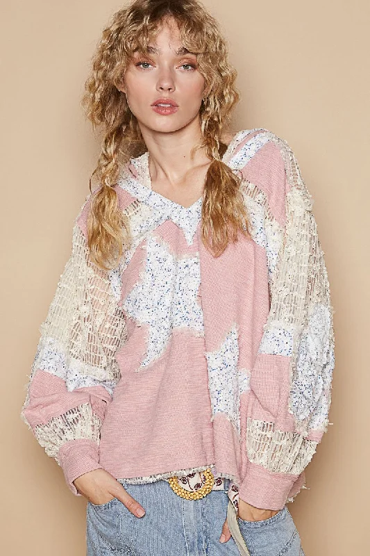 POL Star Patch Lace Long Sleeve Hooded Top