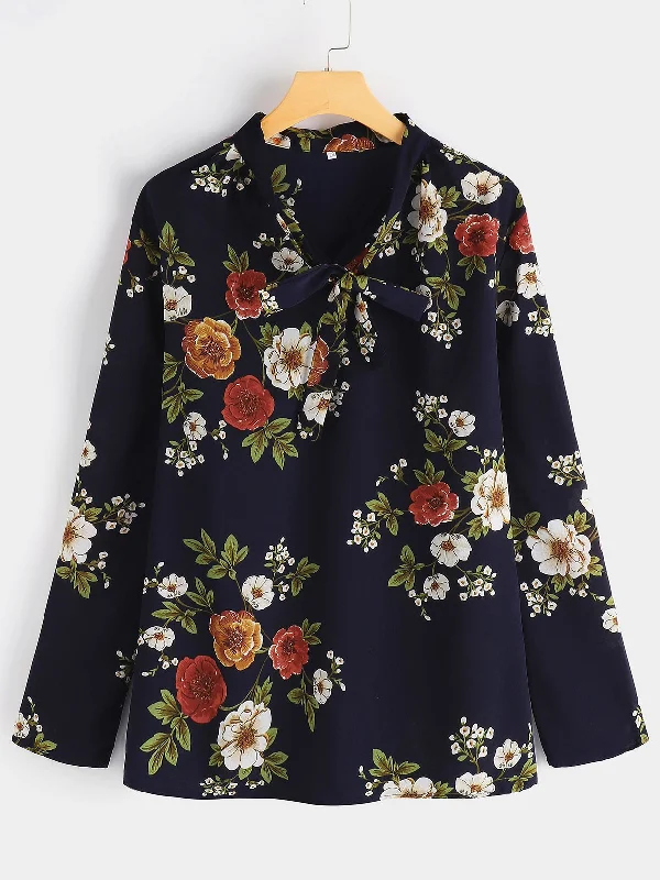 OEM ODM Floral Print Self-Tie Long Sleeve Plus Size Tops