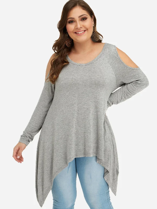 OEM ODM Scoop Neck Cold Shoulder Plain Cut Out Long Sleeve Handkerchief Hem Grey Plus Size Tops