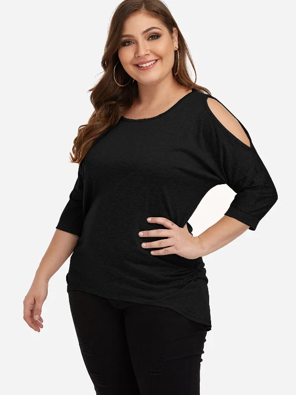 OEM ODM Round Neck Cold Shoulder Plain Cut Out Twist 3/4 Sleeve Curved Hem Black Plus Size Tops