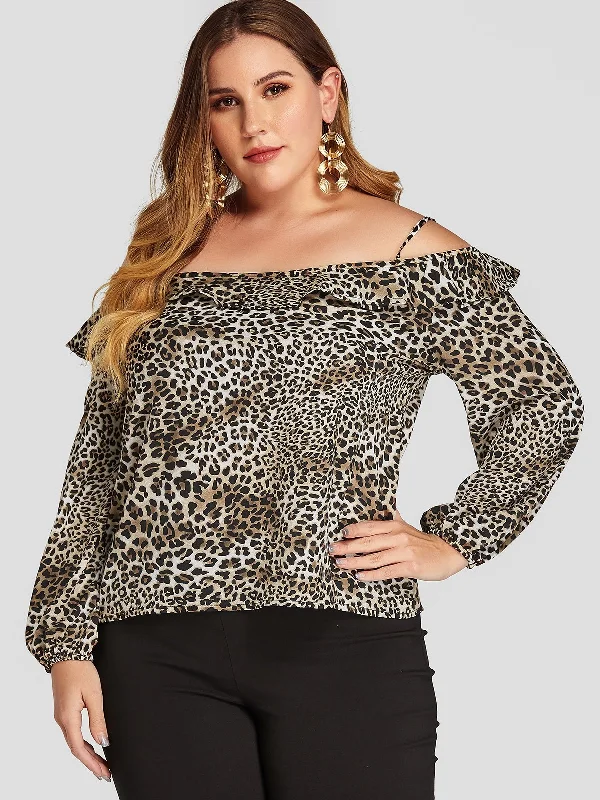 OEM ODM Cold Shoulder Leopard Ruffle Trim Long Sleeve Black Plus Size Tops