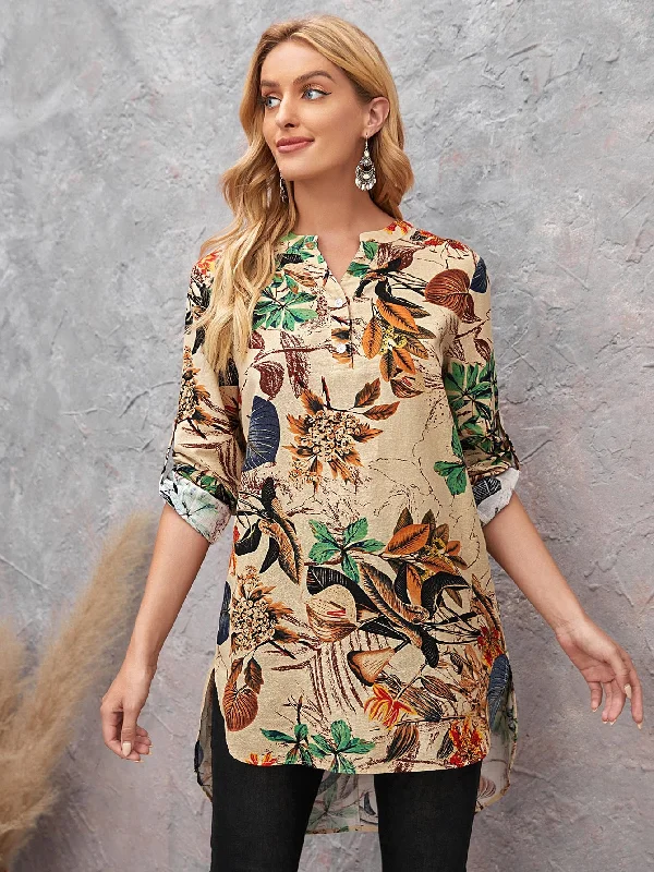 Boho Plants High Low Long Sleeve Notched Long Blouse