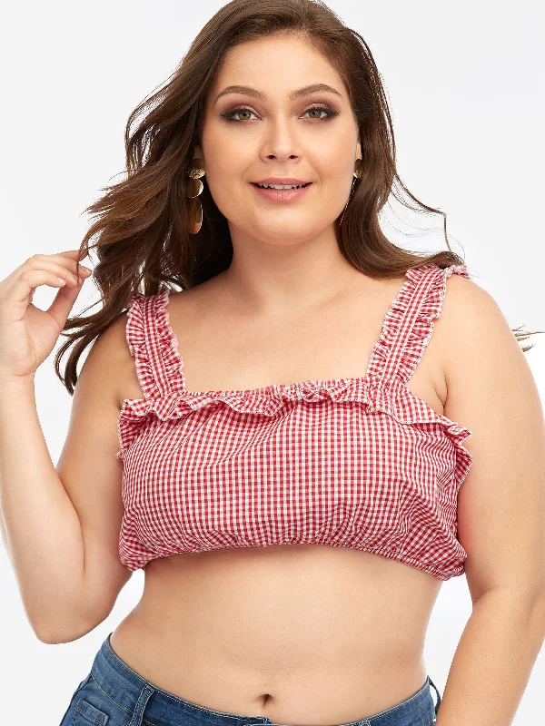 OEM ODM Grid Tiered Sleeveless Red Plus Size Tops