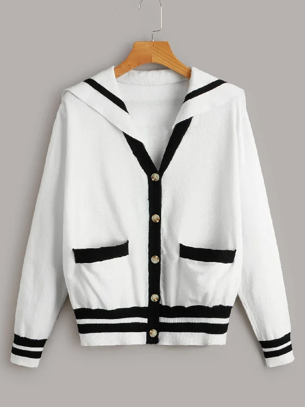 Preppy Striped Button Front Long Sleeve Sailor Collar Regular Women Cardigan