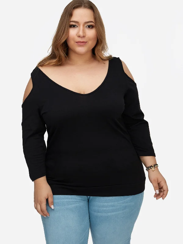 OEM ODM V-Neck Cold Shoulder Plain Criss-Cross Long Sleeve Black Plus Size Tops