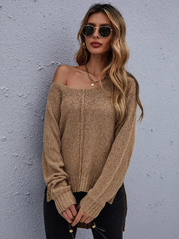 Casual Plain High Low Long Sleeve Scoop Neck Asymmetrical Regular Women Sweater