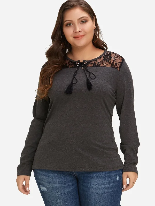 OEM ODM Round Neck Lace Lace-Up Long Sleeve Grey Plus Size Tops