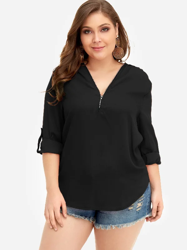 OEM ODM V-Neck Plain Long Sleeve Curved Hem Plus Size Tops