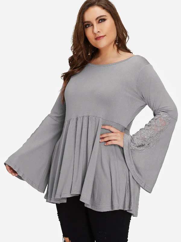 OEM ODM Round Neck Plain Lace Pleated Self-Tie Long Sleeve Grey Plus Size Tops