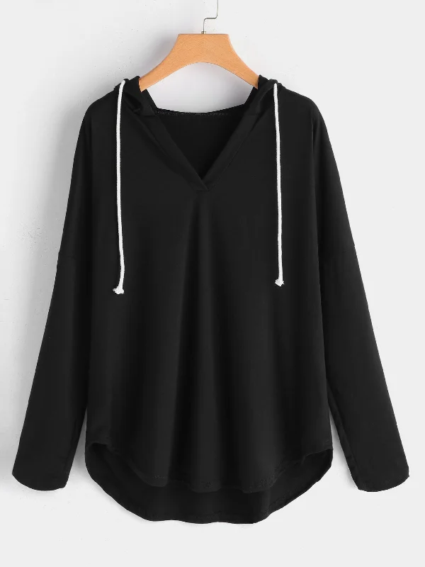 OEM ODM V-Neck Plain Hooded Long Sleeve Black Plus Size Tops