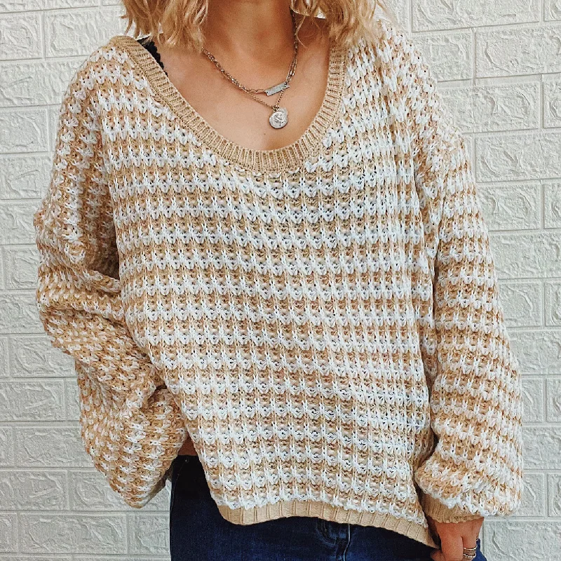 Sexy V-Neck Loose Wavy Knitted Pullover Sweater Wholesale Womens Tops